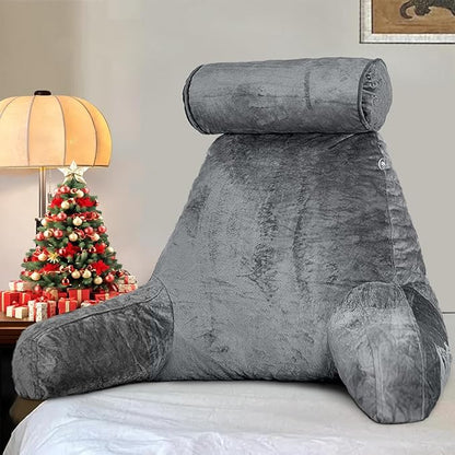Reading Pillow for Sitting in Bed with Detachable Neck Roll & Big Bed Backrest Pillow Back Support Pillow Chair Pillow with Washable Cover for Adult with Arms and Side Pocket Shredded Foam