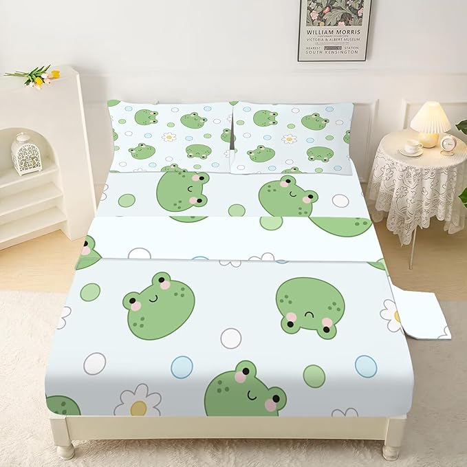 Frog Sheets Set Twin: Kawaii Flower Frogs Bedding for Kids Girls Teens Bedroom Bed - 1 Flat Sheet, 1 Fitted Sheet, 1 Pillowcase