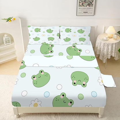 Frog Sheets Set Twin: Kawaii Flower Frogs Bedding for Kids Girls Teens Bedroom Bed - 1 Flat Sheet, 1 Fitted Sheet, 1 Pillowcase
