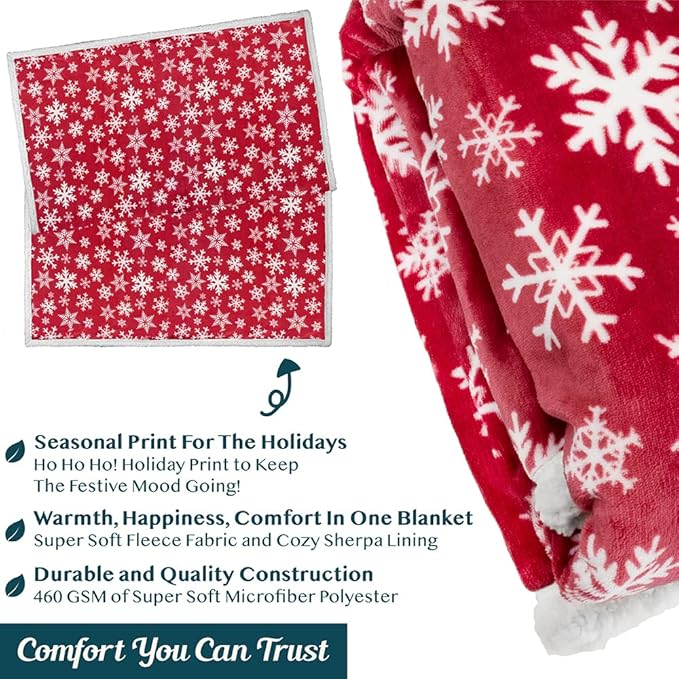 PAVILIA Red Snowflake Christmas Sherpa Throw Blanket, Ultra Soft Reversible Fleece Sherpa 50x60 Winter Blanket for Couch & Bed, Cozy Christmas Home Decor