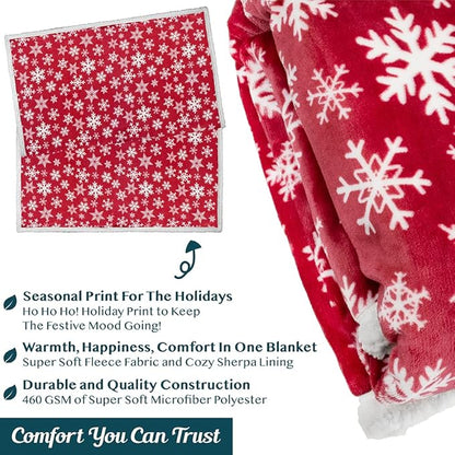 PAVILIA Red Snowflake Christmas Sherpa Throw Blanket, Ultra Soft Reversible Fleece Sherpa 50x60 Winter Blanket for Couch & Bed, Cozy Christmas Home Decor