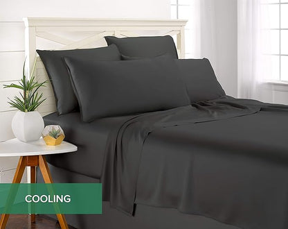 Pure Bamboo Split King Sheets, Genuine 100% Organic Viscose Derived from Bamboo Bed Sheet Set, Soft & Cooling, Double Stitching, 2 Fitted Sheets (Split King, Charcoal)