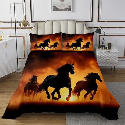Horse Bedspread Queen, Western Animal Coverlet Set Wild Horse Printed Bedspread Quilt Set for Kids Adult Boys Man Quilted, Soft Breathable Quilt Set for Room Decor, Black Brown