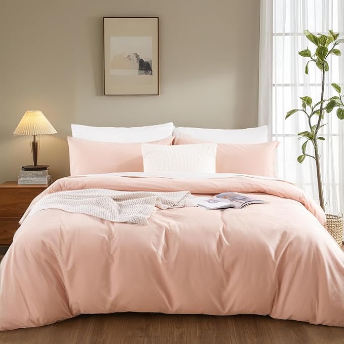 NEXHOME PRO Duvet Cover Set 100% Washed Cotton Full Size Linen Feel Textured Organic Natural 3 Pieces Bedding Set with Zipper Closure and Corner Ties, Breathable Dusty Pink (No Comforter)