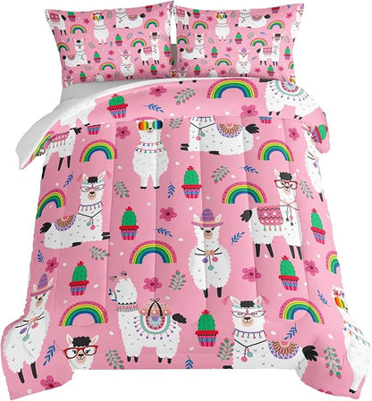 HOSIMA Kids Girls Pink Comforter with 2 Pillowcases,Cute Llama Alpaca Bed in a Bag King Size Comforter Set Animal Bedding Sets for Room Decor,Rainbow Cactus Flower Toddler Comforter.