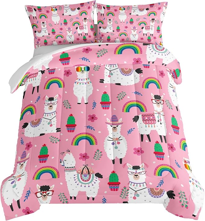 HOSIMA Kids Girls Pink Comforter with 2 Pillowcases,Cute Llama Alpaca Bed in a Bag Queen Comforter Set Animal Bedding Sets for Room Decor,Rainbow Cactus Flower Toddler Comforter Kawaii Bedding.
