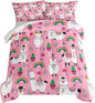 HOSIMA Kids Girls Pink Comforter with 2 Pillowcases,Cute Llama Alpaca Bed in a Bag Queen Comforter Set Animal Bedding Sets for Room Decor,Rainbow Cactus Flower Toddler Comforter Kawaii Bedding.