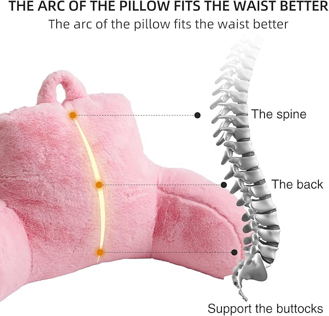 Aimuan Reading Pillow Bed Rest Wedge Adult Backrest Pillow with Arms Back Support for Sitting Up in Bed Cushion Incline Rest Sleeping Snoring Pillow, Light Pink Large