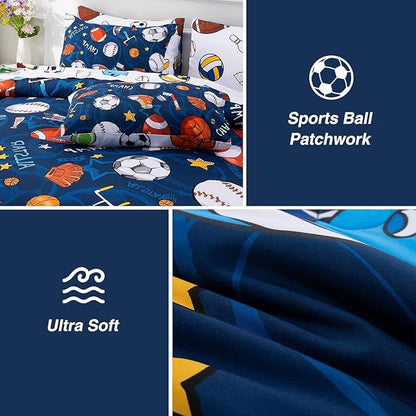 A Nice Night 6Pcs Bed in A Bag Queen Sports Microfiber Modern Comforter Set,Navy Rugby Ball Printed Bedding Collections,for Boys Kids Teen