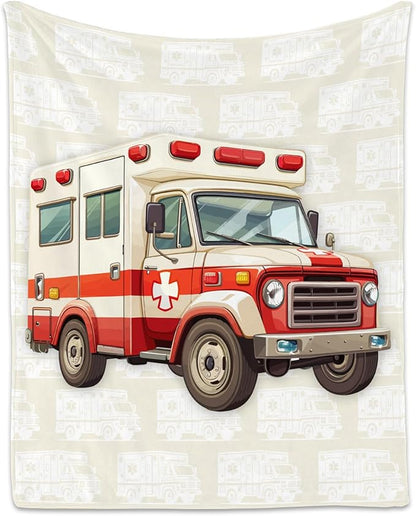 Ambulance Blanket, Cozy Soft Throw Gifts for Kids, Cute White Flannel Throw Blankets for Couch Sofa, 40x50 Inches