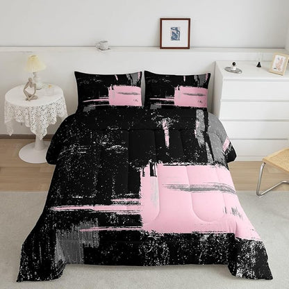 Pink Black Abstract Duvet Quilt Toddler Size Geometric Bedding Set for Kids Boys Girls Decor Modern Art Comforter Set Breathable Soft Lightweight Microfiber Buffalo Check Bedroom Decor Bedclothes