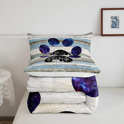 Castle Fairy Happy Camping Comforter Set Queen Size Vintage Blue Wood Bedding Set for Kids Boys Girls Bedroom Decoration Bear Print Bed Duvet Insert Galaxy Comforter with 2 Pillowcase