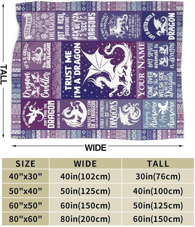 Custom Dragon Blanket with Name for Boys Girls, Personalized Cute Dragon Themed Design Printed Purple Throw Blankets for Kids Lap, Chair, Giftable Blanket, 30"x 40"