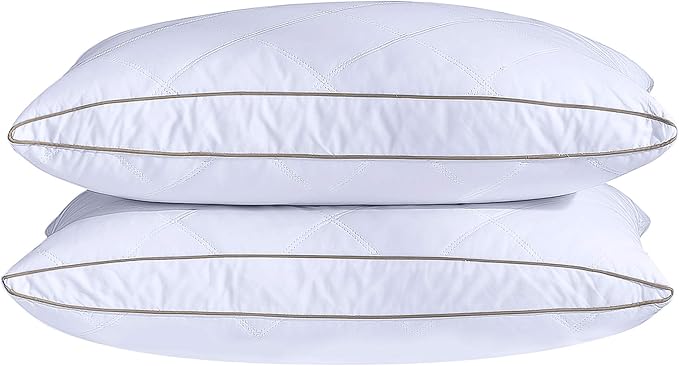 puredown® Natural Goose Down Feather Pillows for Sleeping Oval Gusseted Down Feather Pillow 100% Cotton Pillow Cover with Leaf Quilting Queen Set of 2