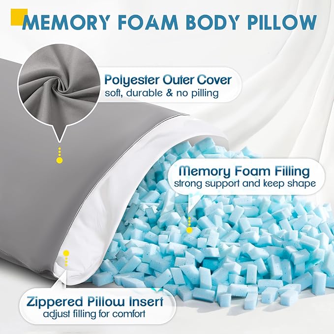 MAGIC ELEPHANT Body Pillow, Memory Foam Body Pillow for Adults, Long Pillow for Bed and Sleeping, Full Long Bed Pillow Insert with Cover (Grey, 20x54 Inch)