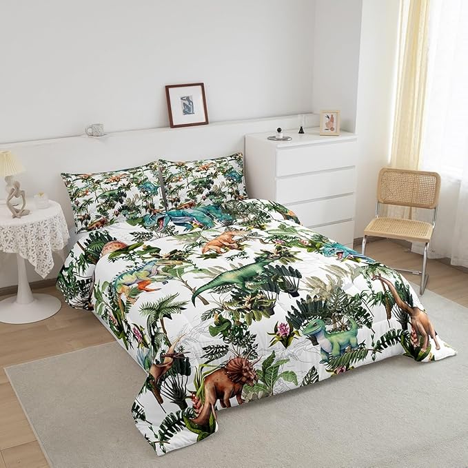 Colorful Dino Comforter Set King Size,Dinosaur Cartoon Wild Animal Painting Bedding Set All Season Quilt Set,Green Leaves Tropical Botanical White Microfiber Polyester Down Comforter