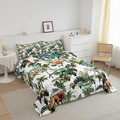 Colorful Dino Comforter Set King Size,Dinosaur Cartoon Wild Animal Painting Bedding Set All Season Quilt Set,Green Leaves Tropical Botanical White Microfiber Polyester Down Comforter