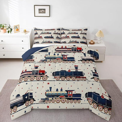 Erosebridal Vintage Steam Train Bedding, Cartoon Classic Railway Retro King Comforter Set, Gifts for Kids Girls Boys Travel Locomotive Train Bedding Sets Galaxy Stars Decorations Duvet Set