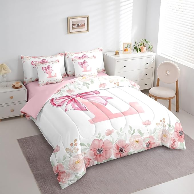 Pink Monogram L Bedding Sets, Cute Bow Tie Bowknot Bed in A Bag Queen Size for Girls Kids Teens Bedroom Decor Floral Rose Fresh Style Comforter Set with Sheets, 2 Pillowcases, 2 Throw Pillow Covers