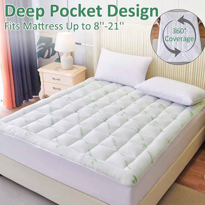 oaskys Mattress Topper Full Size - Cooling Extra Thick Breathable Viscose Made from Bamboo Mattress pad - Soft Quilted Fitted Mattress Cover with Down Alternative Fill (8-21”Deep Pocket)