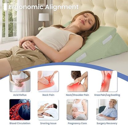 Sasttie Wedge Pillow for After Surgery, Adjustable Bed Wedge Pillow Headboard for Acid Reflux, Sleeping, Neck & Back Support, with Removable Cover, Green
