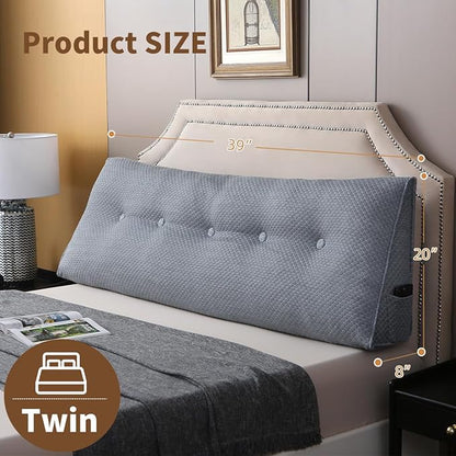 Wedge Headboard Pillow for Bed, Twin Dorm Headboard Pillow Support for Sitting Up, Reading, Relaxing, Bolster Pillow with Removable Washable Cover, Blue Gray