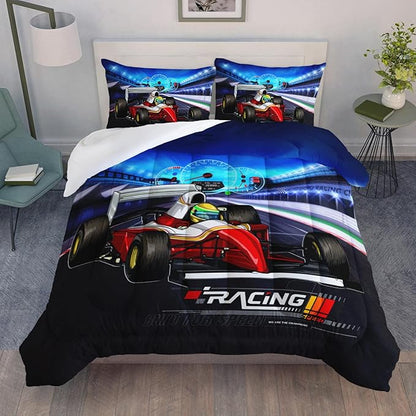 AILONEN Racing Car Comforter Set Twin Size, Gorgeous Race Track and Cool Race Trucks for Kids Boys Girls Teens Bedroom All Season,3 Pieces,1 Quilt and 2 Pillowcases,Soft,Breathable