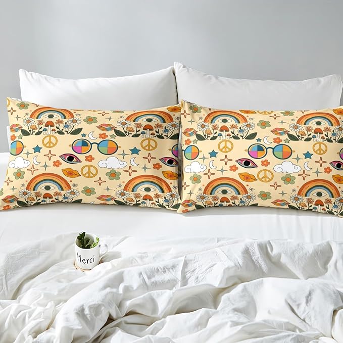 Castle Fairy Retro 70s Hippie Style Duvet Cover Queen for Children,Mushroom Bedding Set Room Decor Gift Comforter Cover,Rainbow Floral Stars Moon Quilt Cover with 2 Pillowcases, 3pcs Soft