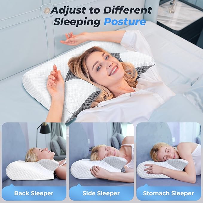 SAHEYER Cervical Neck Pillow, Ergonomic Memory Foam Pillow for Neck Pain Relief and Snoring, 2 in 1 Orthopedic Pillow for Side Sleeper, Back and Stomach Sleeper, Grey