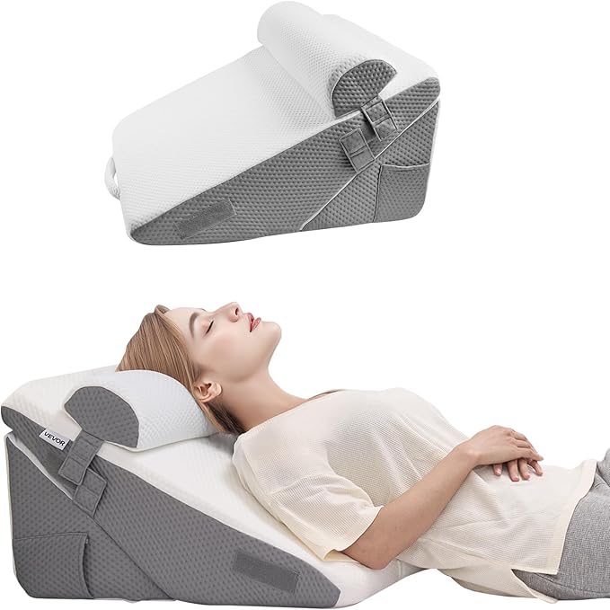 VEVOR Bed Wedge Pillow for Sleeping, 3 Pcs Adjustable Orthopedic Bed Wedge Set, with Jacquard Washable Cover & Foam Support, Post Surgery Pillow for Acid Reflux Back Pain Snoring Relief, White/Grey
