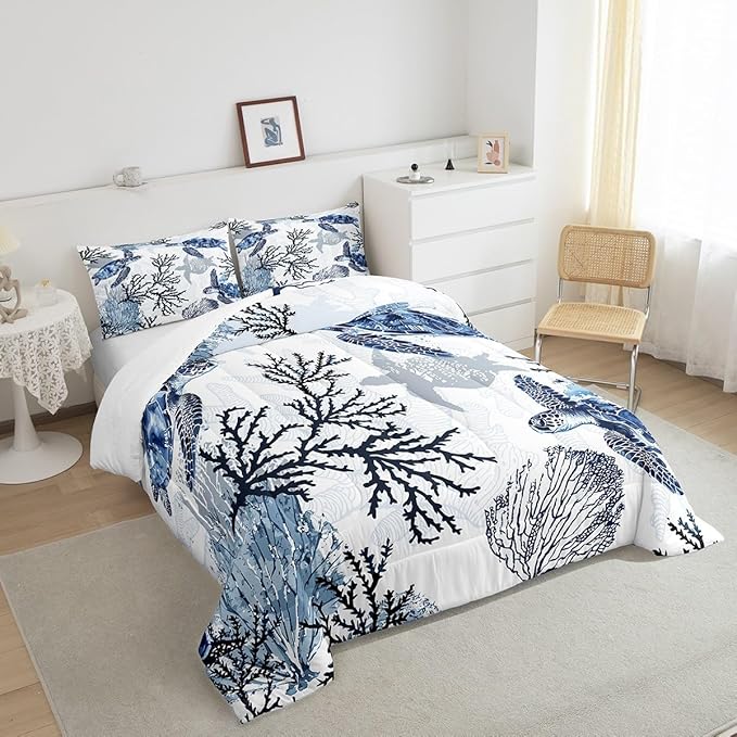 Sea Turtle Bedding Set King Size,Coral Comforter Set 3pcs for Kids Boys Girls Adults Room Decor,Ocean Creature Quilt Set White Navy Blue Microfiber Duvet Insert with 2 Pillowcases