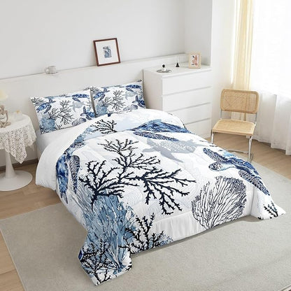 Sea Turtle Bedding Set King Size,Coral Comforter Set 3pcs for Kids Boys Girls Adults Room Decor,Ocean Creature Quilt Set White Navy Blue Microfiber Duvet Insert with 2 Pillowcases