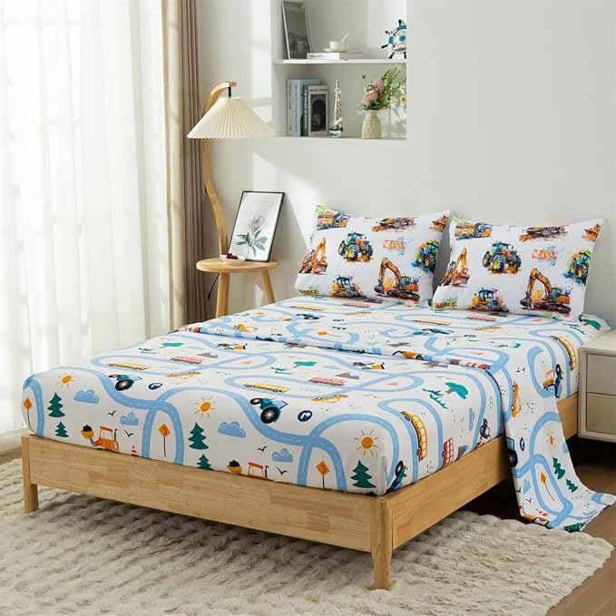 Holawakaka Trucks Tractors Cars Boy Bedding Comforter Set with Sheets, Full Size Cartoon Construction Car Excavator Print Kids Bed in A Bag 5-Piece, Boys Reversible Dorm Bed Sets (Multi Full)