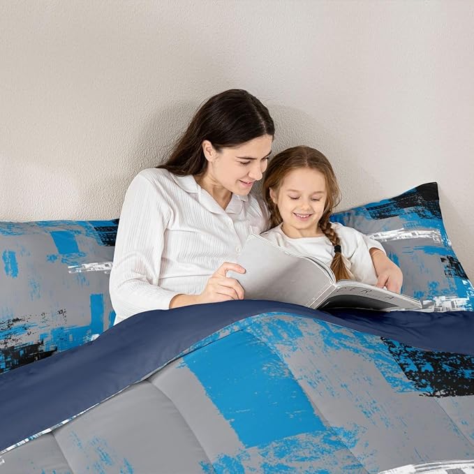 Feelyou Abstract Bedding Set Kids Modern Abstract Art Comforter Set Blue Grey Black Comforter for Boys Room Decor Lightweight Retro Duvet Set Full Size with 2 Pillow Case