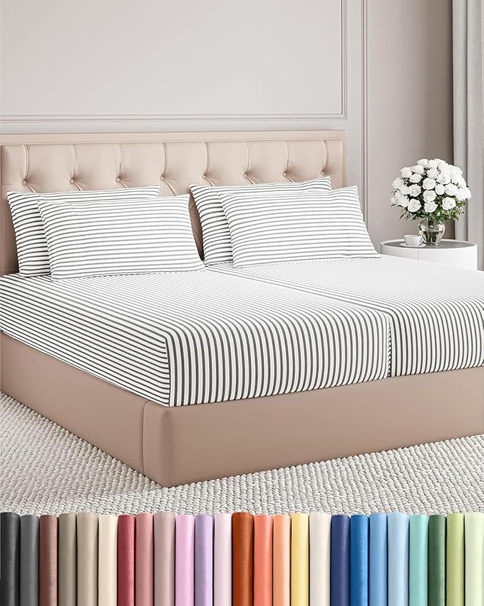Split King 7 Piece Sheet Set - Comfy Breathable & Cooling - Soft Hotel Luxury Bedding Set w/ 8-16 Inch Deep Pockets - 1 Flat & 2 Fitted Sheet & 4 Pillowcases - Cozy and Wrinkle Free - Grey Stripes 2