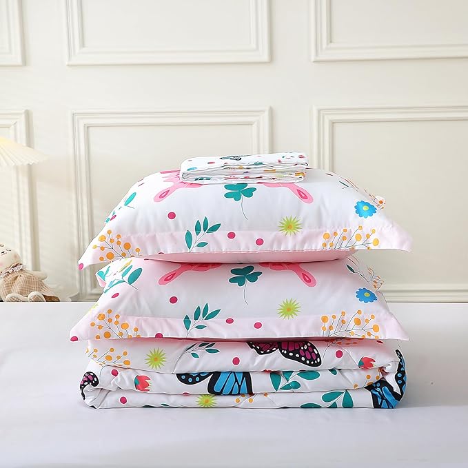 Wajade Butterfly Twin Comforter Set for Girls Kids Bedding Sets for Girls 7 Pieces Bed in a Bag Colorful Butterflies Flower Leaves Bedding Set All Season Lightweight