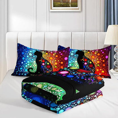 Black Cats Comforter Queen Bedding Sets for Girls,Colorful Abstract Dots Bed Set for Kids Boys Teens Toddler Room Decor,Bohemian Style Art Aesthetics Comforter Sets with 2 Pillowcases.