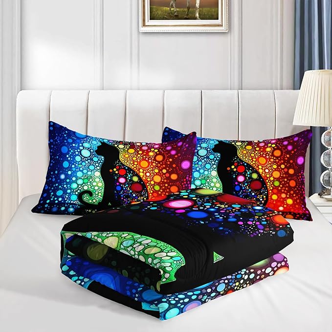 Black Cats Comforter Twin Bedding Sets for Girls,Colorful Abstract Dots Bed Set for Kids Boys Teens Toddler Room Decor,Bohemian Style Art Aesthetics Comforter Sets with 2 Pillowcases.