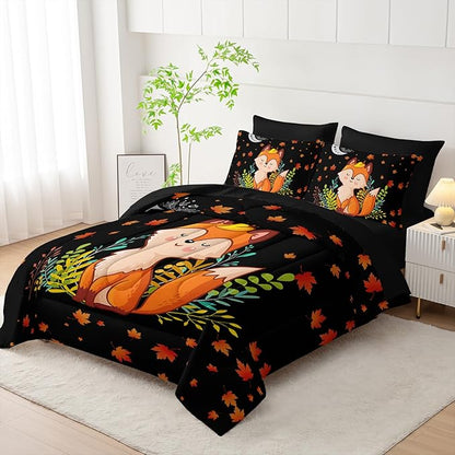 Cartoon Fox Comforter Set 7Pcs Cute Fox Bedding Set for Kid Boy Girl Adult Moon Plants Leaves Printed Quilt Set Twin with 2 Sheets,2 Pillowcases,2 Throw Pillow Covers