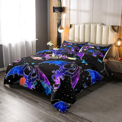 Feelyou Galaxy Dragon Bedding Set Outer Space Starry Sky Comforter Set for Kids Boys Girls Jungle Animals Dragon Comforter Colorful Decor Quilt Set Bedroom Collection 3Pcs Full Size