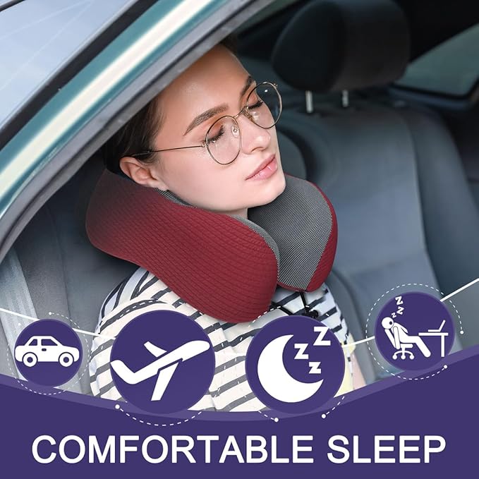 napfun Neck Pillow for Traveling, Upgraded Travel Neck Pillow for Airplane 100% Pure Memory Foam Travel Pillow for Flight Headrest Sleep, Portable Plane Accessories, Luxury Sets (Optional), Wine-Red