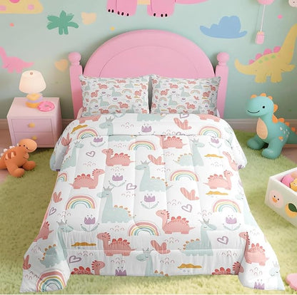 Feelyou Cartoon Dino Comforter Set King, Pink Green Dinosaur Comforter Cute Jungle Dino Comforter Set for Kids Boys Girls Cute Rainbow Duvet Set Microfiber Quilt Set
