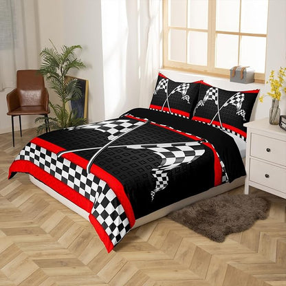 Race Car Themed Duvet Cover Set Full Size,Black White Checkered Flag Print Comforter Cover with 2 Pillowcases,Red Stripes Geometric Grid Plaid Breathable Bedspread for Boys Teens,Pillow Sham