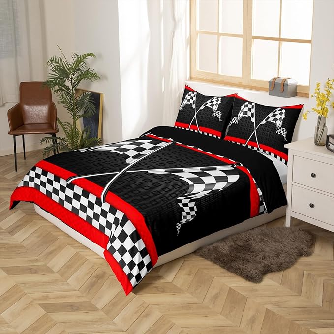 Race Car Themed Bedding Set Queen Size,Black White Checkered Flag Print Duvet Cover Set for Children Adult,Red Stripes Geometric Grid Plaid Soft Comforter Cover for Dorm Room, Zipper, Ties