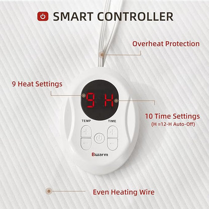 Bwarm Waterproof Heated Mattress Pad, ETL Certified Bed Warmer with 9 Heat Settings, 1-12 Hours Auto Off Deep Pocket, Machine Washable, White Foot King 78" W x 24" L