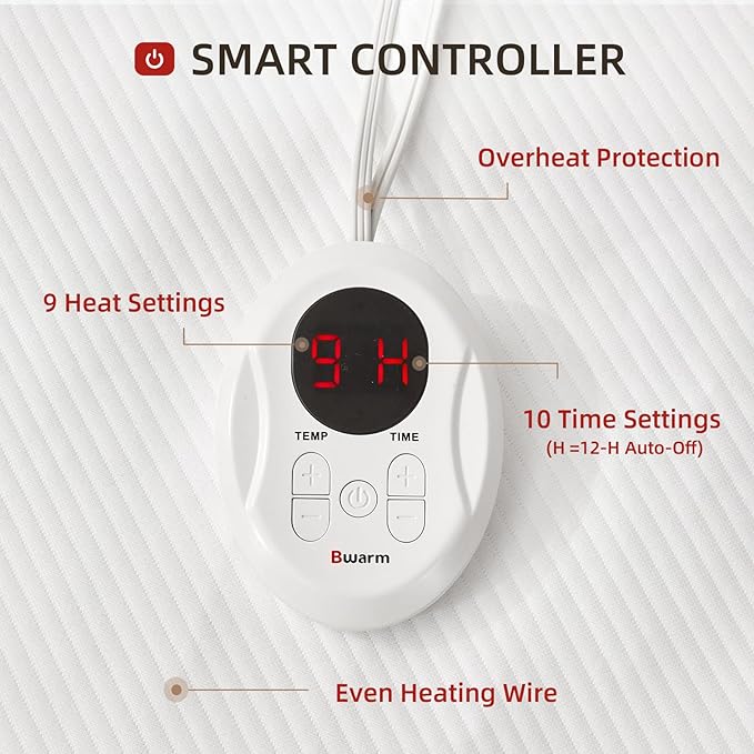 Bwarm Waterproof Heated Mattress Pad, Mini Twin Electric Mattress pad ETL Certified Bed Warmer with Memory Function 9 Heat Settings, 1-12 Hours Auto Off Deep Pocket, Machine Washable, White 31" x 55"