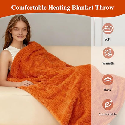 Heated Blanket Electric Heating Blanket Waffle with 12 Heat Levels, Fast Heating Blanket with 1-12 Timer, Overheat Protection with ETL & FCC for Bed Home Office Sofa -Orange -Single(50"x60")