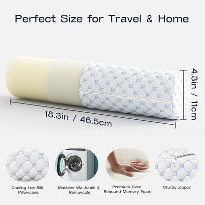 Neck Roll Pillow, Memory Foam Neck Support Pillows, Round Neck Pillows, Cylinder Bolster Pillows for Bed, Couch, and Yoga, Removable Washable Cover,18 * 4.1 * 4.1inch (Cool-Blue)