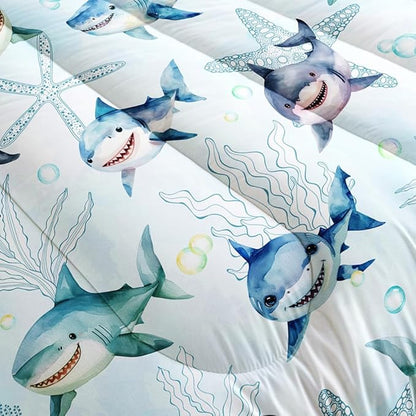 Boys Blue Ocean Shark Comforter Set Twin Size Shark Starfish Bedding Sets Seaweed Quilt Bed Set for Kid Girls with 1 Comforter and 2 Pillowcases