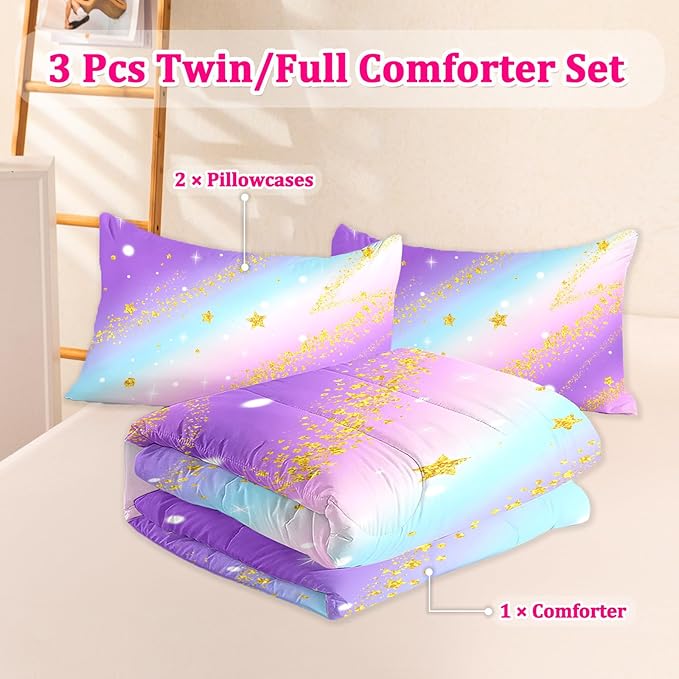 3 Pcs Full Bedding Sets for Girls, Purple Glitter Rainbow Full Size Bed Set, Stars Galaxy Bedding Comforter Set for Girls